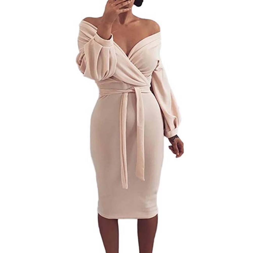 Beige OffShoulder Dress. NEVER WORN STILL PACKAGED